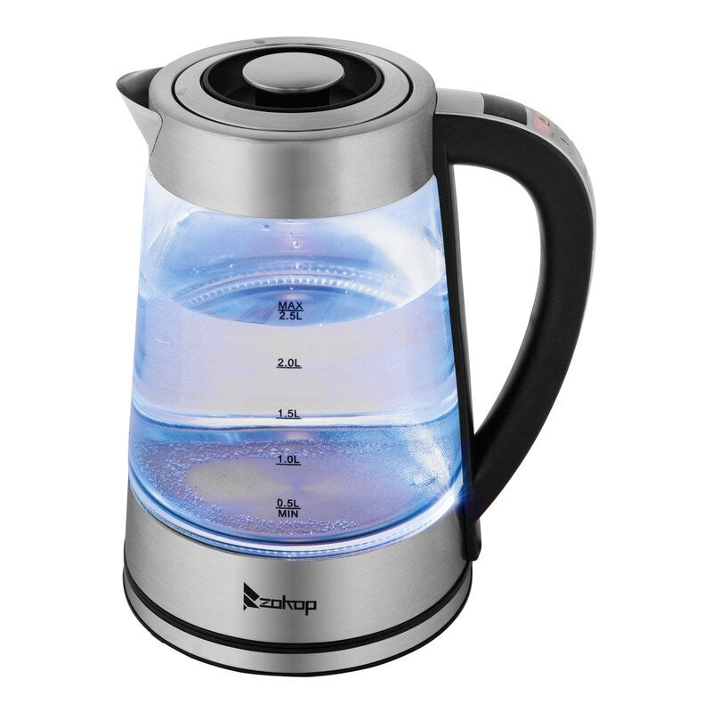 ZOKOP 0,58 Gallonen 1200 W Edelstahl-Glas-Wasserkocher mit elektronischem Griff