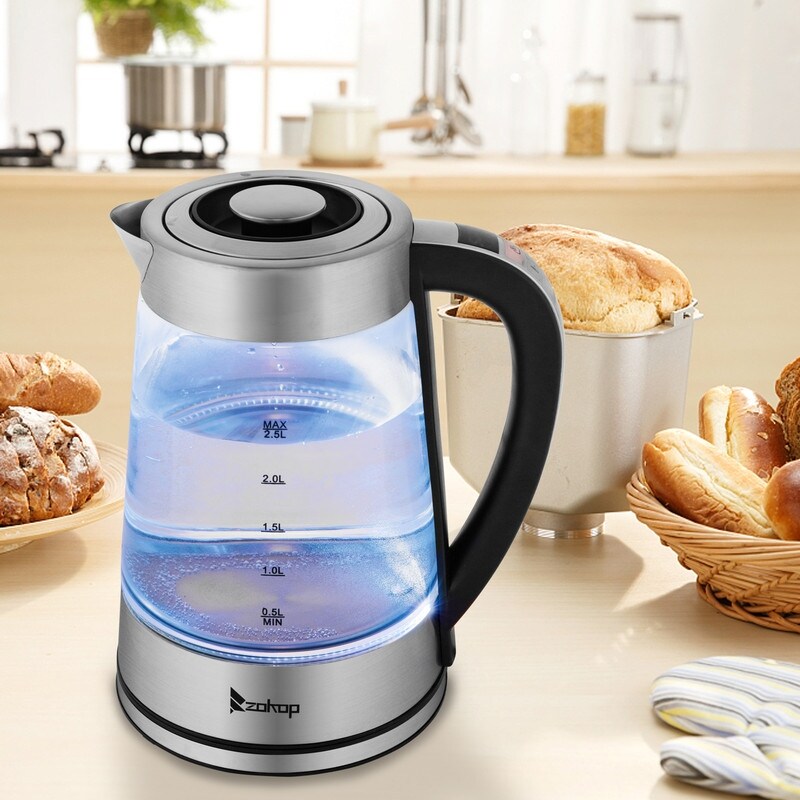 ZOKOP 0,58 Gallonen 1200 W Edelstahl-Glas-Wasserkocher mit elektronischem Griff