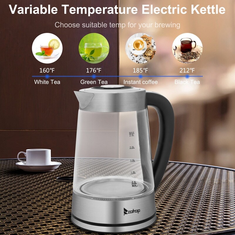 ZOKOP 0,58 Gallonen 1200 W Edelstahl-Glas-Wasserkocher mit elektronischem Griff