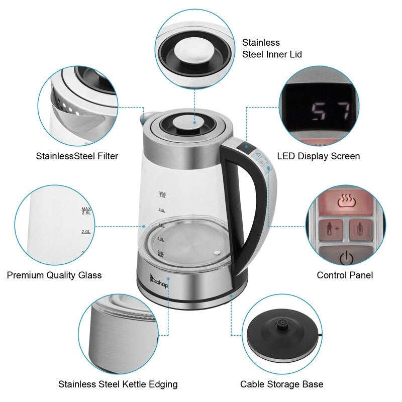 ZOKOP 0,58 Gallonen 1200 W Edelstahl-Glas-Wasserkocher mit elektronischem Griff