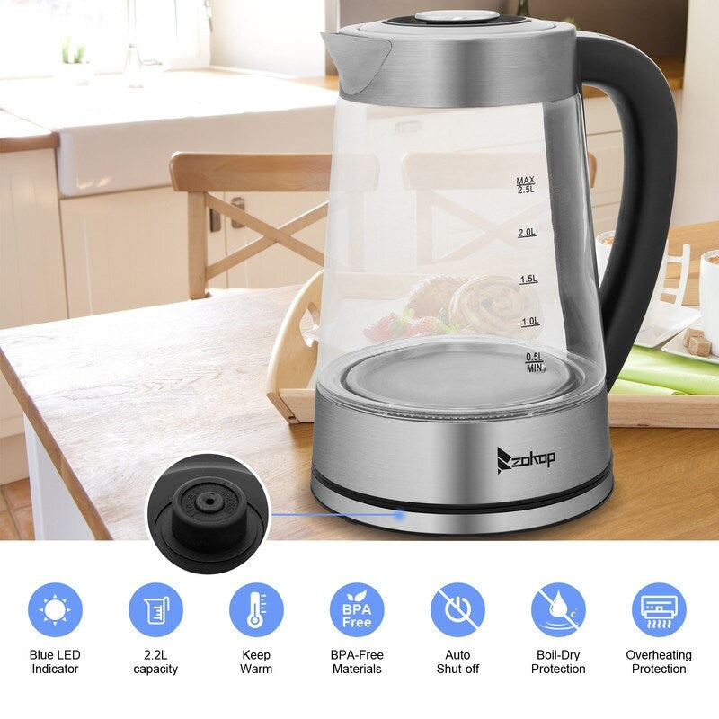 ZOKOP 0,58 Gallonen 1200 W Edelstahl-Glas-Wasserkocher mit elektronischem Griff