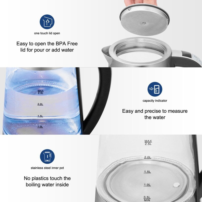 ZOKOP 0,58 Gallonen 1200 W Edelstahl-Glas-Wasserkocher mit elektronischem Griff