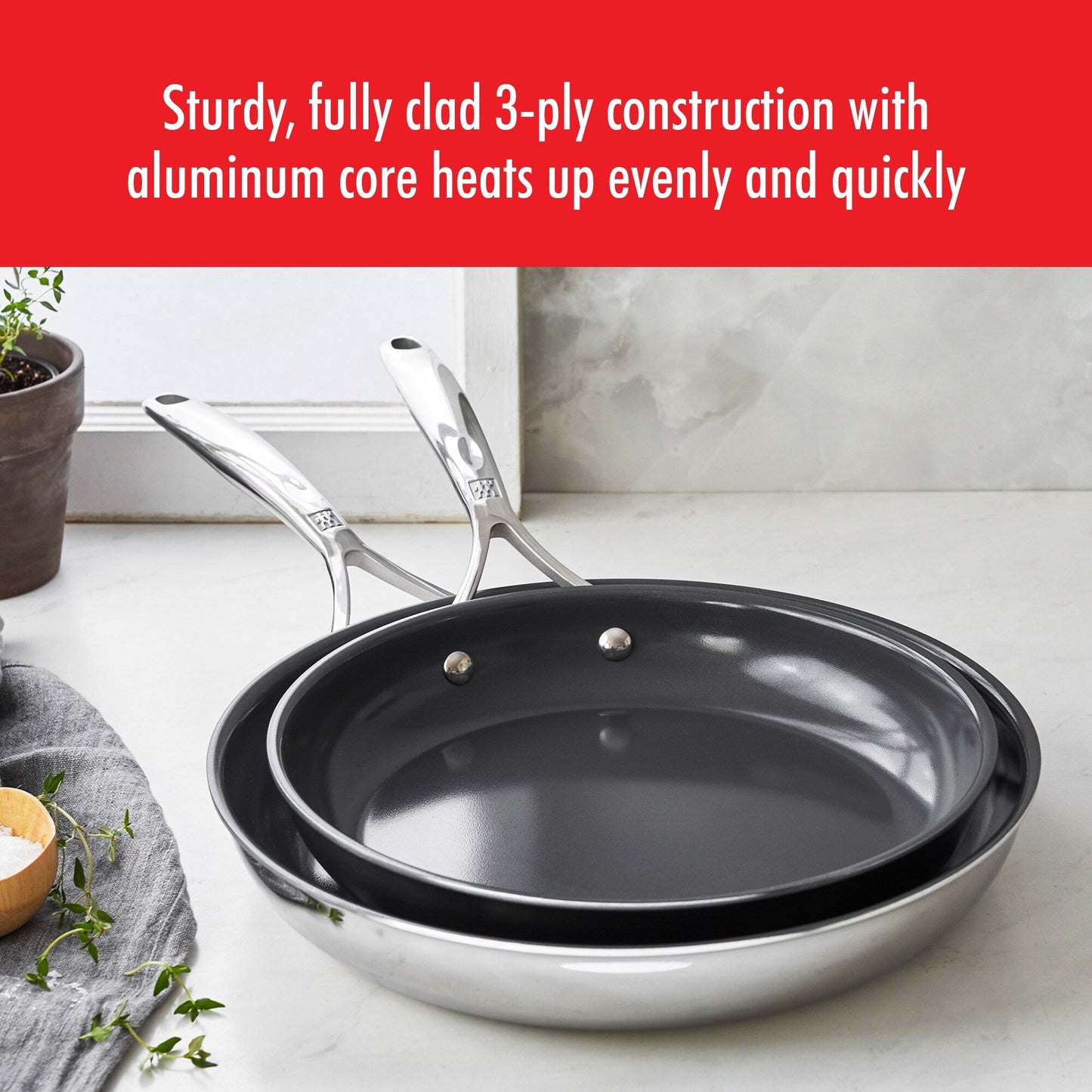 ZWILLING Energy Plus 2-teiliges Bratpfannenset aus Edelstahl mit Keramik-Antihaftbeschichtung, 10 Zoll und 12 Zoll