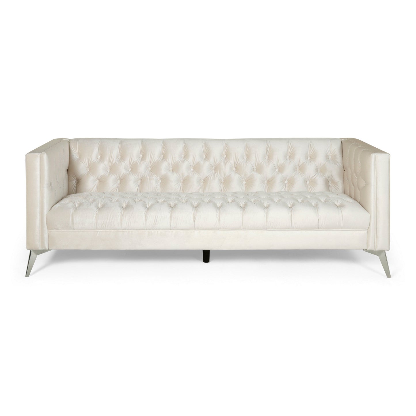 Zexy Sofa, 3 Seater Button Tufted Chesterfield Beige Velvet, Chrome