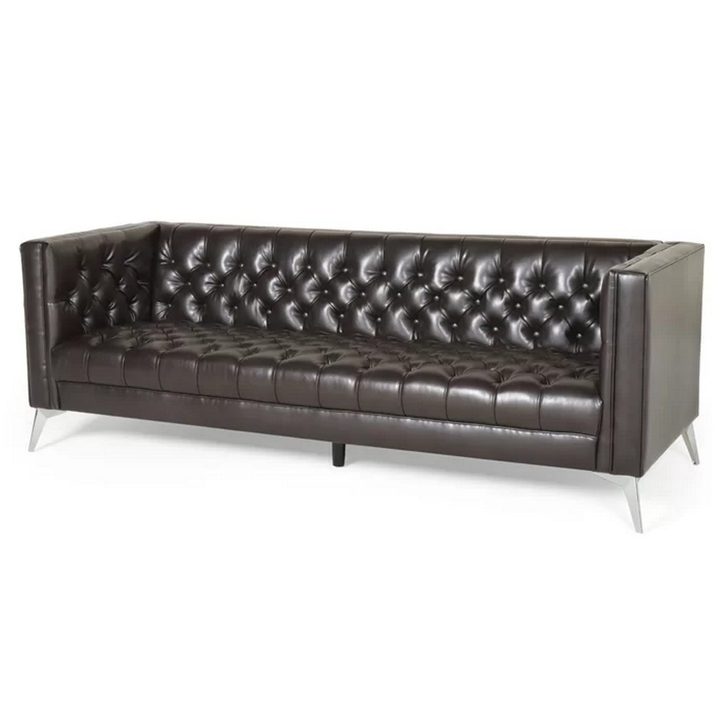 Zexy Sofa, 3 Seater Button Tufted Chesterfield Rich Brown Faux Leather