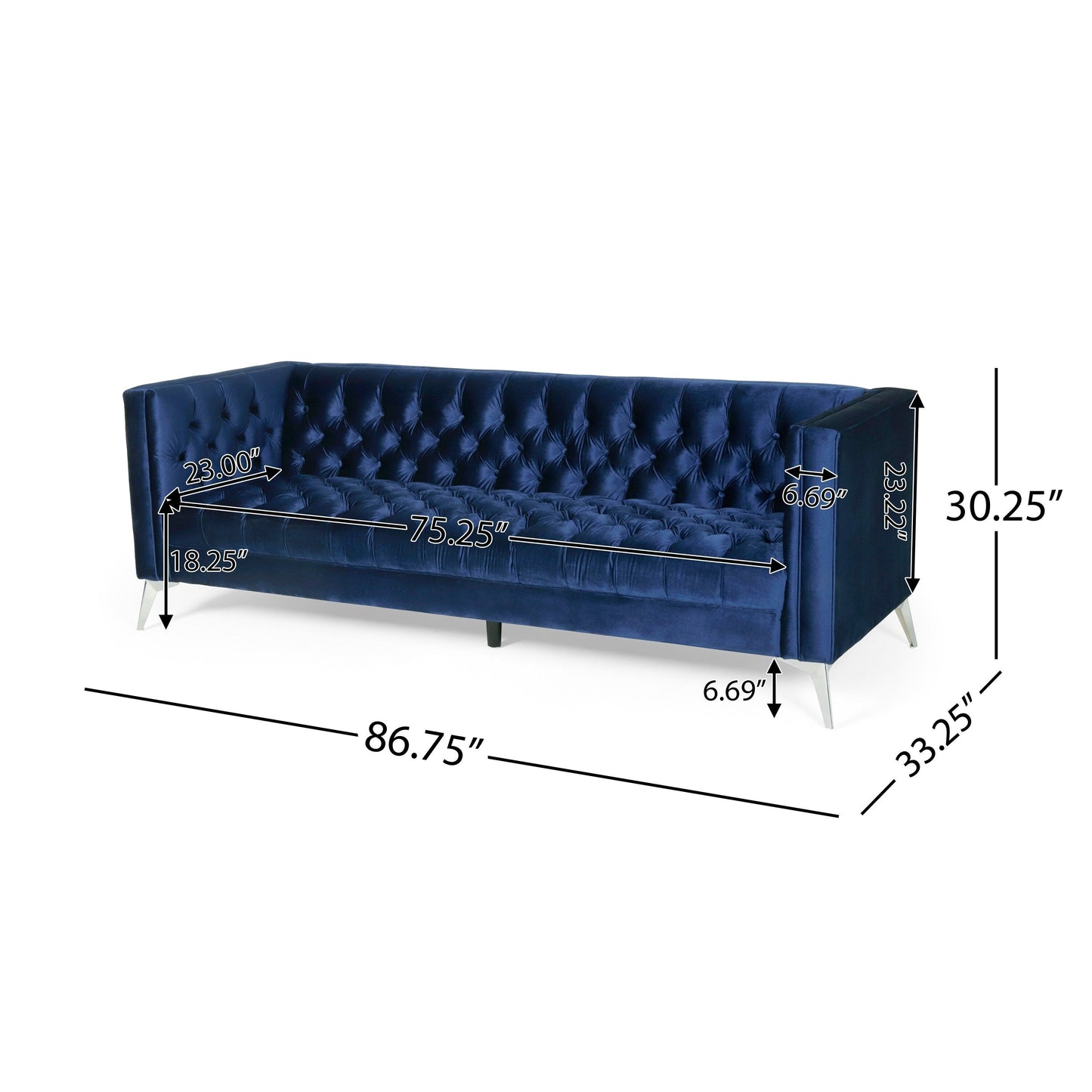 Zexy Sofa, 3 Seater Chesterfield Button Tuft Tuxedo Arms, Blue Velvet