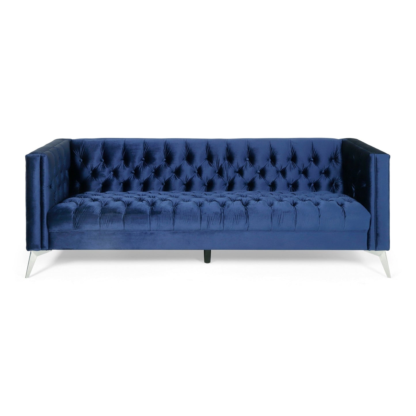 Zexy Sofa, 3 Seater Chesterfield Button Tuft Tuxedo Arms, Blue Velvet