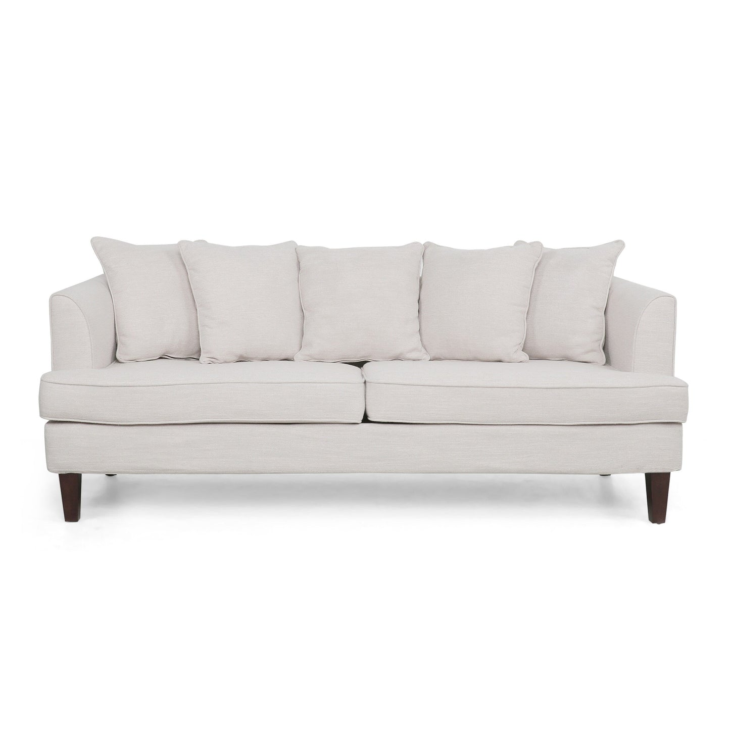 Zuko 74 Inch 3 Seater Sofa, Beige Fabric, 5 Accent Pillows, Wood Legs