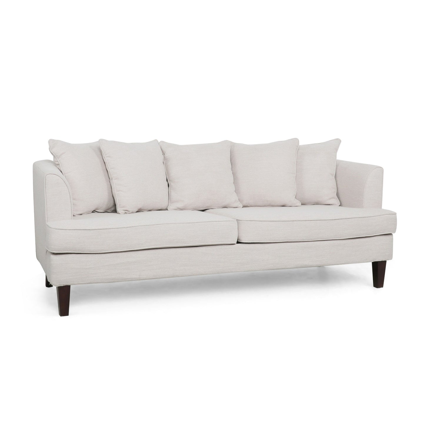 Zuko 74 Inch 3 Seater Sofa, Beige Fabric, 5 Accent Pillows, Wood Legs