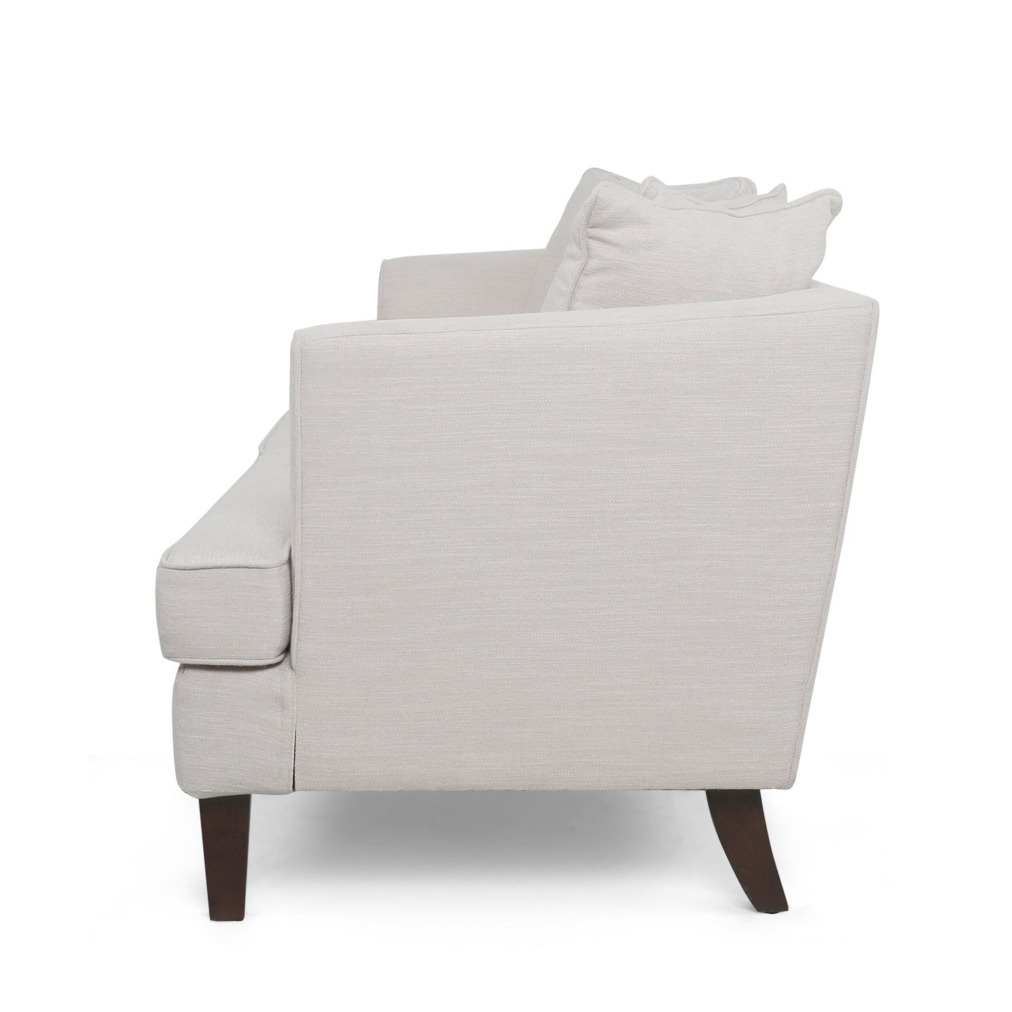 Zuko 74 Inch 3 Seater Sofa, Beige Fabric, 5 Accent Pillows, Wood Legs