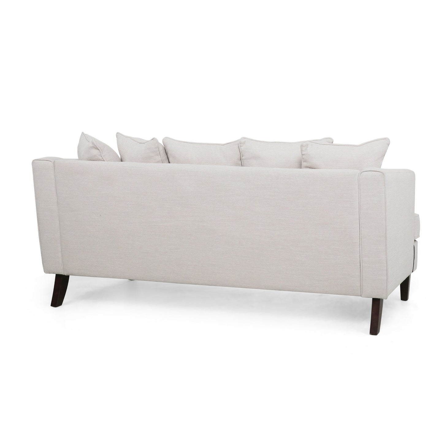 Zuko 74 Inch 3 Seater Sofa, Beige Fabric, 5 Accent Pillows, Wood Legs