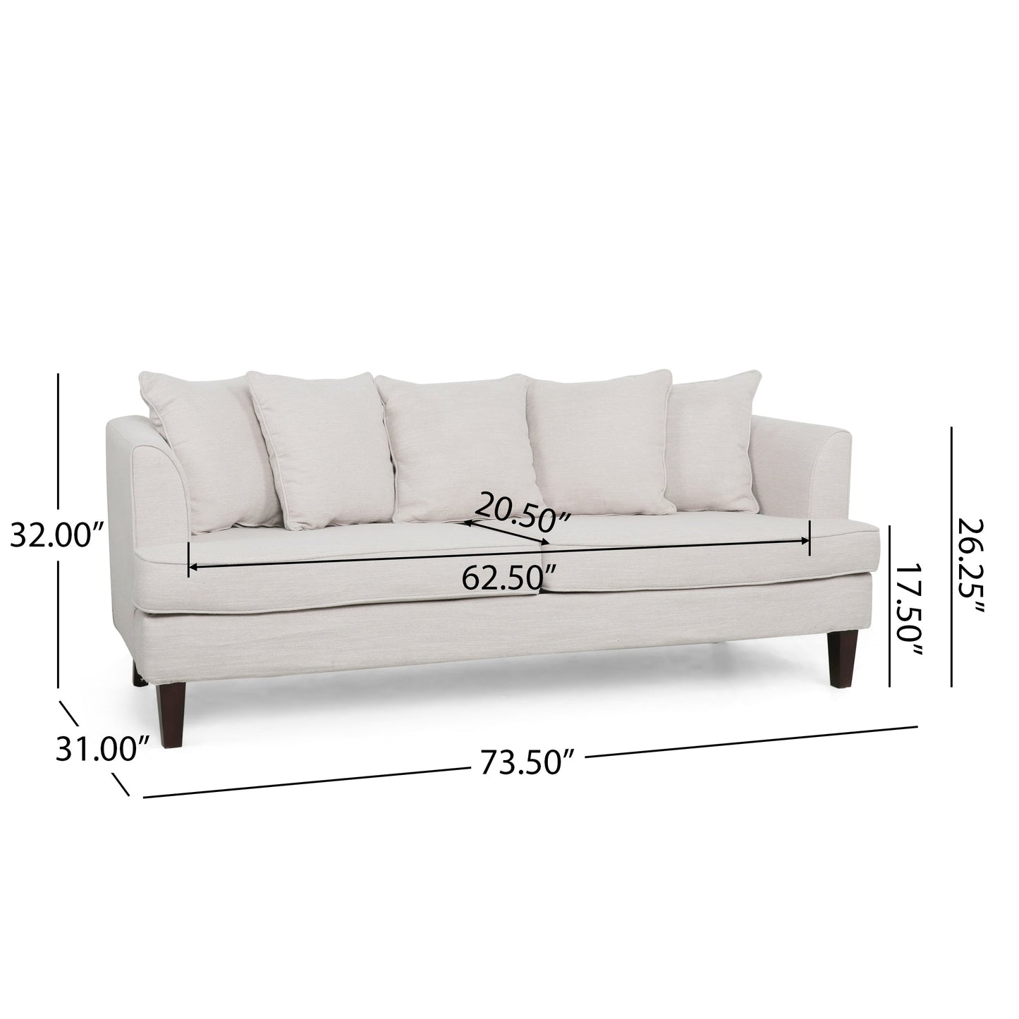 Zuko 74 Inch 3 Seater Sofa, Beige Fabric, 5 Accent Pillows, Wood Legs