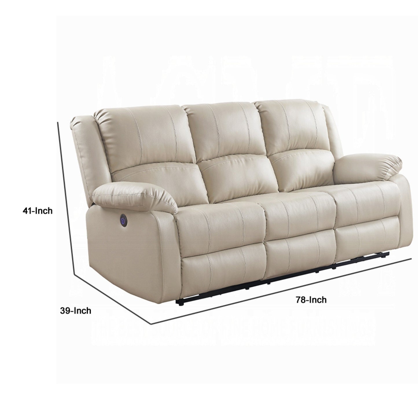Zuru Power Reclining Sofa, 78 Inch, Pillowed Arms, Beige Faux Leather