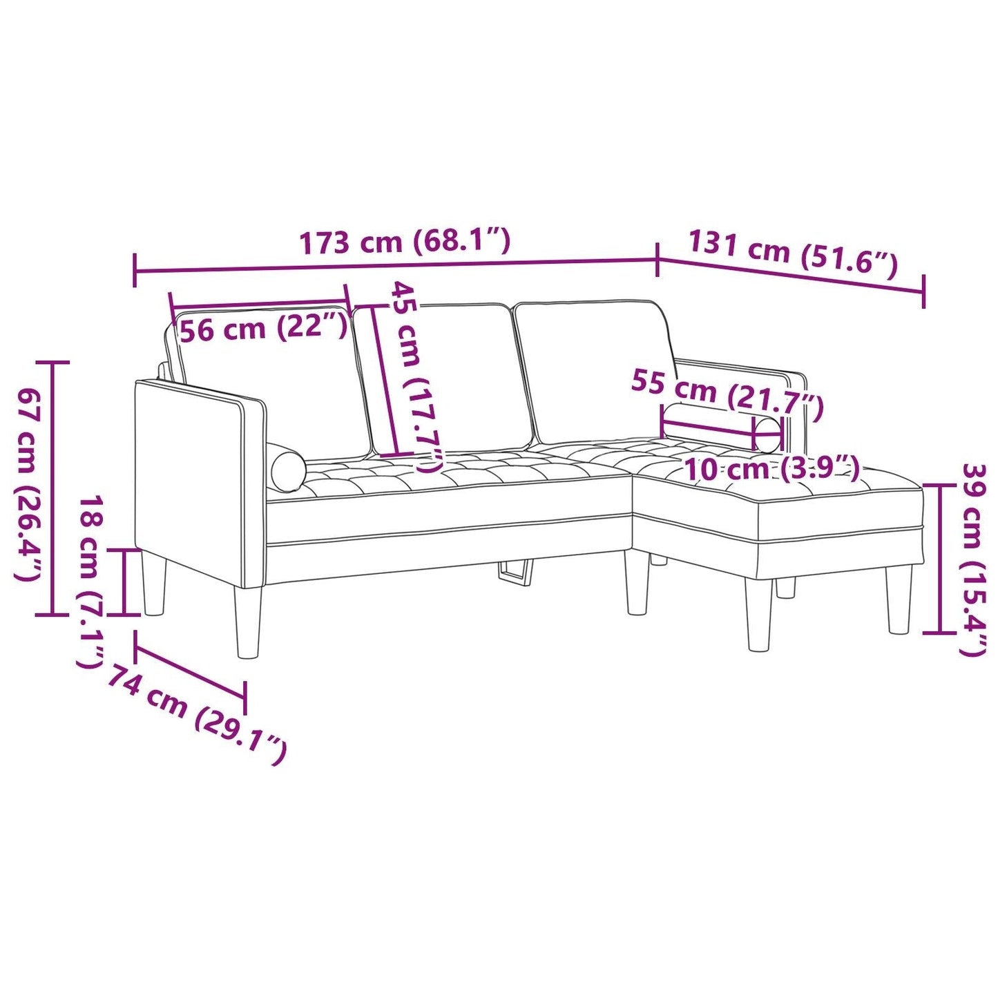 vidaXL Garden Sofa L-Shaped Black/Dark Grey/Light Grey Velvet - 68.1 x 51.6 x 26.4