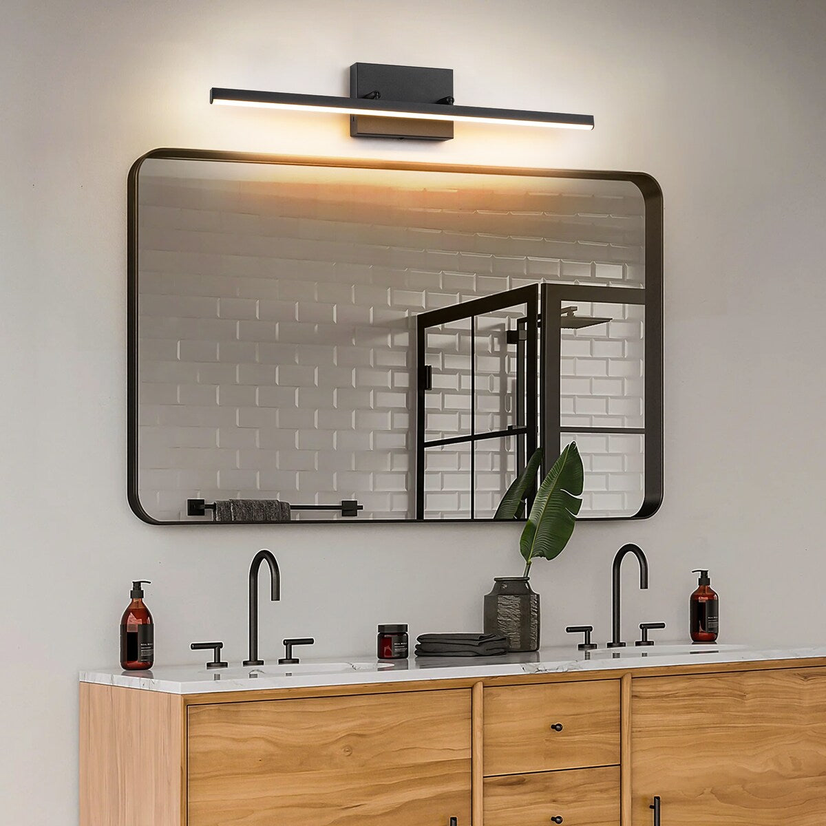 Moderne, lineare, schwarze Badezimmer-Waschtischleuchte mit 1 Licht, Farbwechsel, dimmbar, drehbar, integrierte LED-Wandleuchte