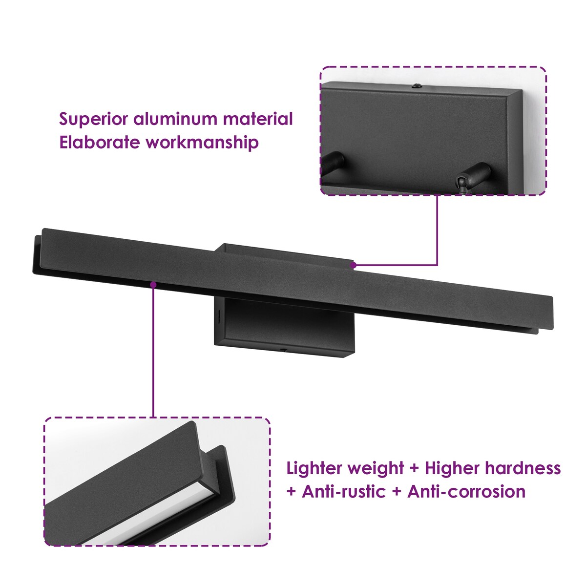 Moderne, lineare, schwarze Badezimmer-Waschtischleuchte mit 1 Licht, Farbwechsel, dimmbar, drehbar, integrierte LED-Wandleuchte