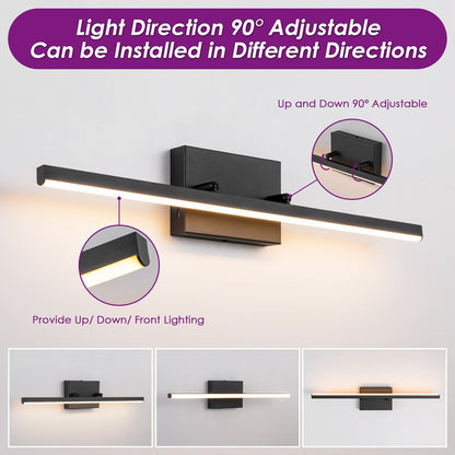 Moderne, lineare, schwarze Badezimmer-Waschtischleuchte mit 1 Licht, Farbwechsel, dimmbar, drehbar, integrierte LED-Wandleuchte