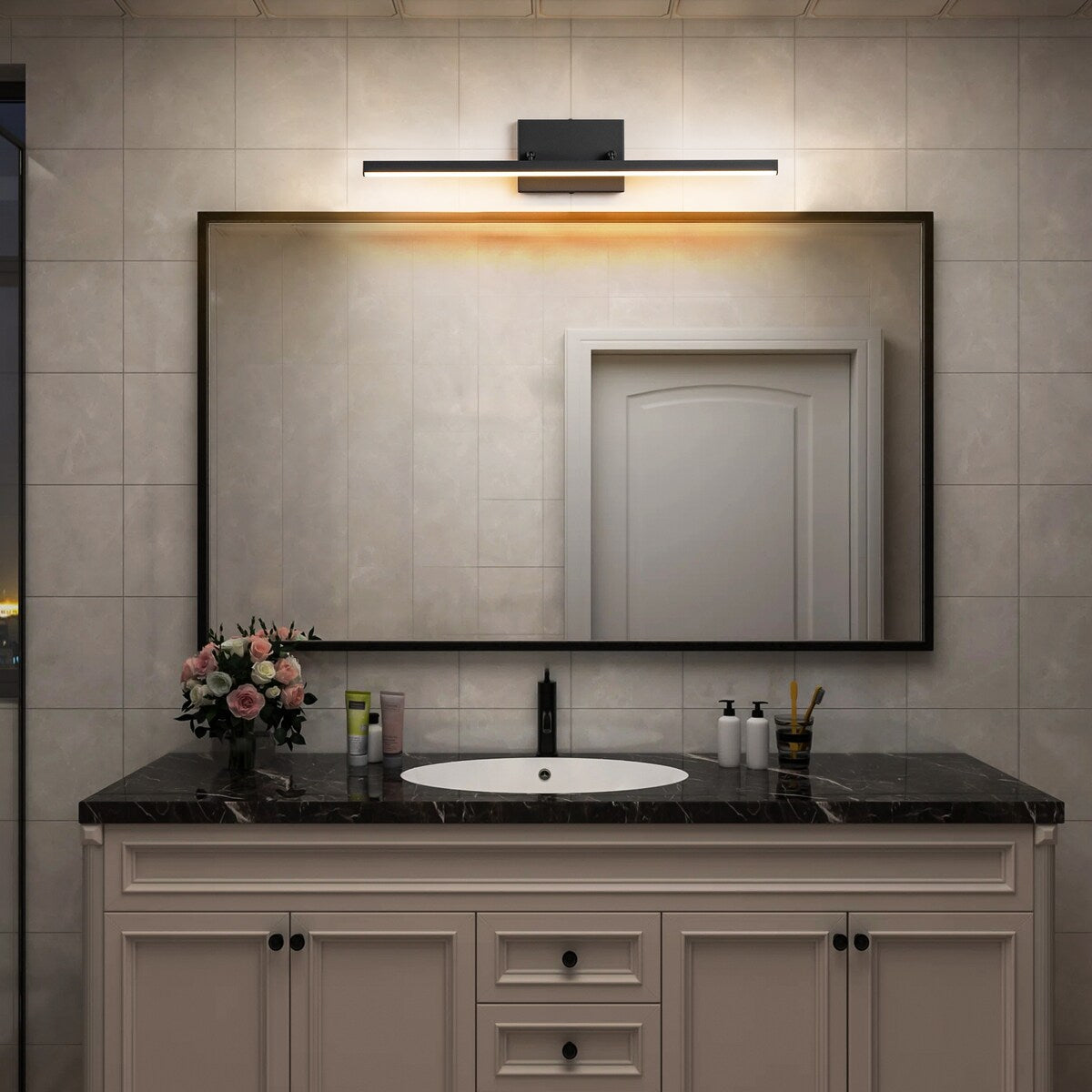 Moderne, lineare, schwarze Badezimmer-Waschtischleuchte mit 1 Licht, Farbwechsel, dimmbar, drehbar, integrierte LED-Wandleuchte