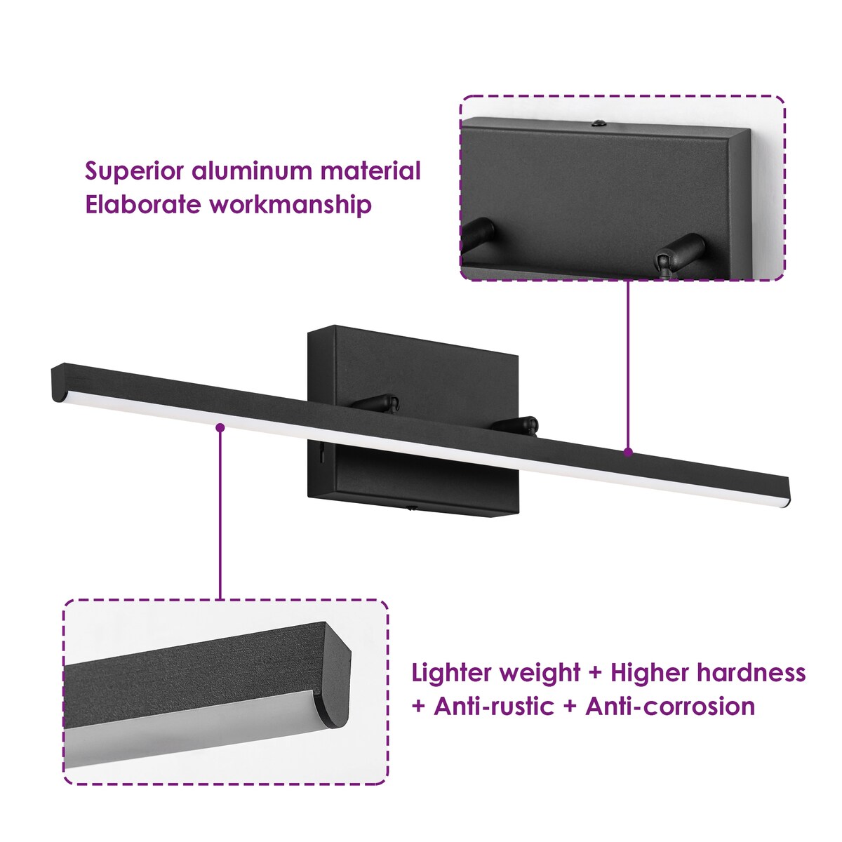 Moderne, lineare, schwarze Badezimmer-Waschtischleuchte mit 1 Licht, Farbwechsel, dimmbar, drehbar, integrierte LED-Wandleuchte