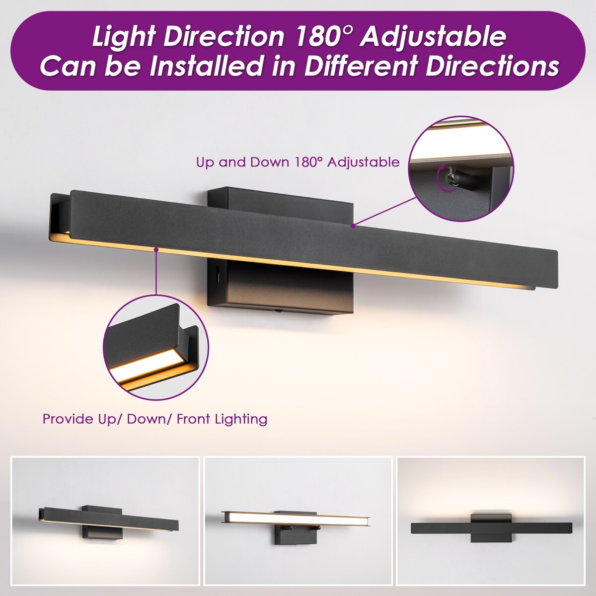 Moderne, lineare, schwarze Badezimmer-Waschtischleuchte mit 1 Licht, Farbwechsel, dimmbar, drehbar, integrierte LED-Wandleuchte