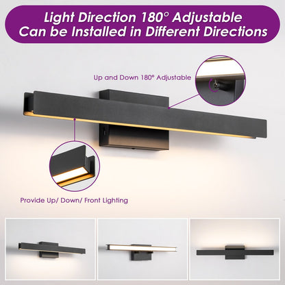 Moderne, lineare, schwarze Badezimmer-Waschtischleuchte mit 1 Licht, Farbwechsel, dimmbar, drehbar, integrierte LED-Wandleuchte