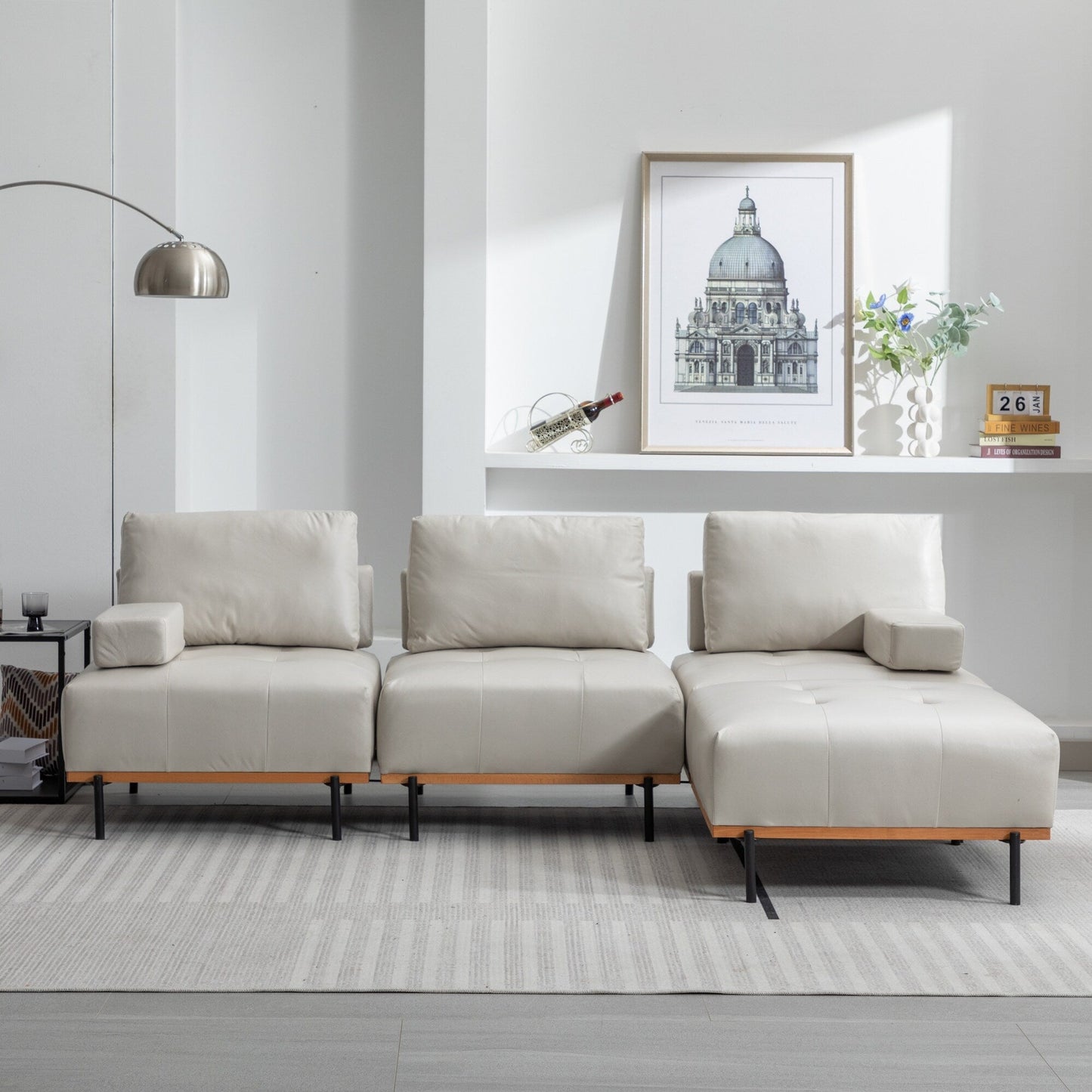 100,7'' L-förmiges Stoffsofa mit beweglichem Ottoman und Metallbeinen