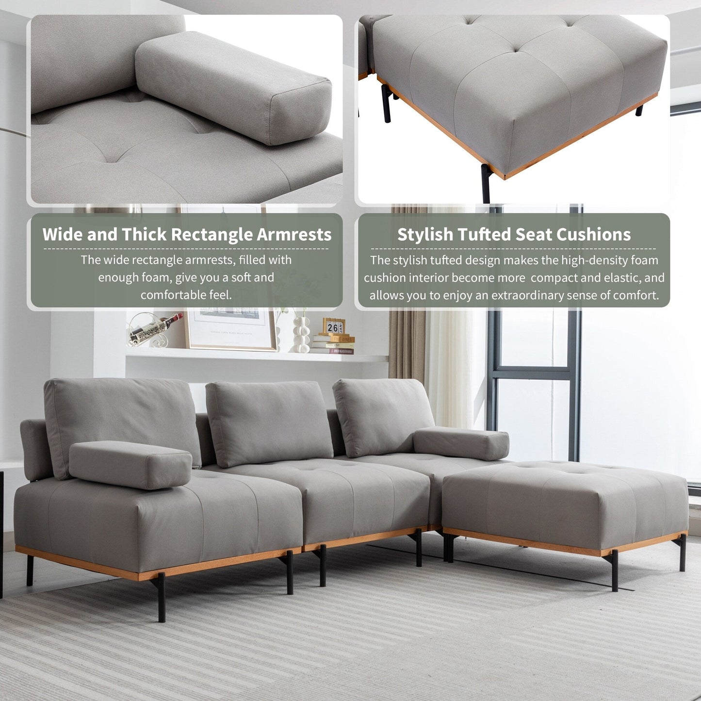 100,7'' L-förmiges Stoffsofa mit beweglichem Ottoman und Metallbeinen