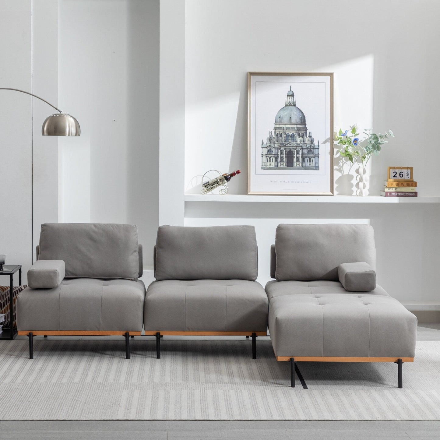 100,7'' L-förmiges Stoffsofa mit beweglichem Ottoman und Metallbeinen