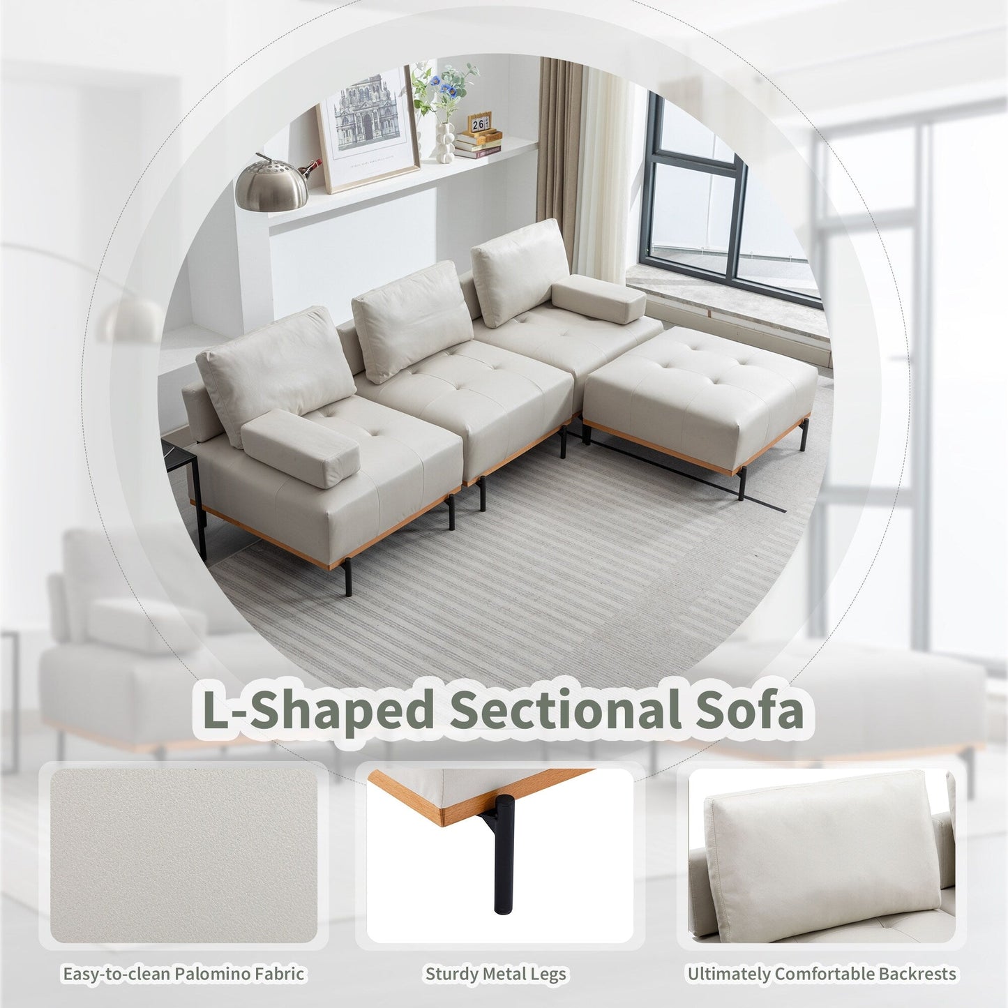 100,7'' L-förmiges Stoffsofa mit beweglichem Ottoman und Metallbeinen