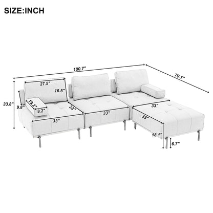 100,7'' L-förmiges Stoffsofa mit beweglichem Ottoman und Metallbeinen