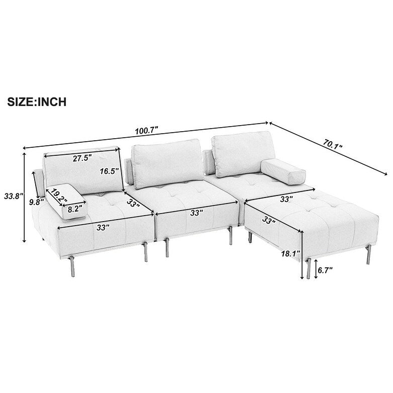 100,7'' L-förmiges Stoffsofa mit beweglichem Ottoman und Metallbeinen