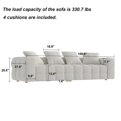 100.8W Wooden Frame Teddy Velvet Sofa in White Couch 4 Person
