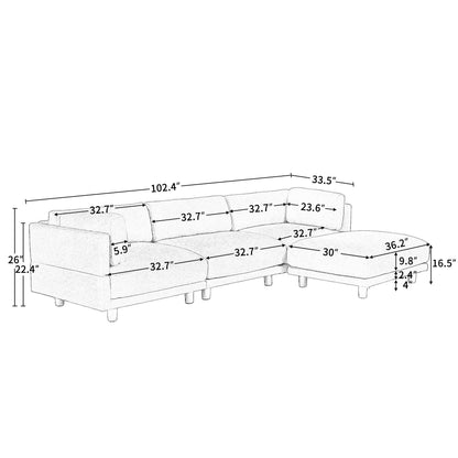 102.4'' L-Shaped Polyester Sectional Sofa with Reversible Footstool, Thick Cushions, and Durable Plastic Legs