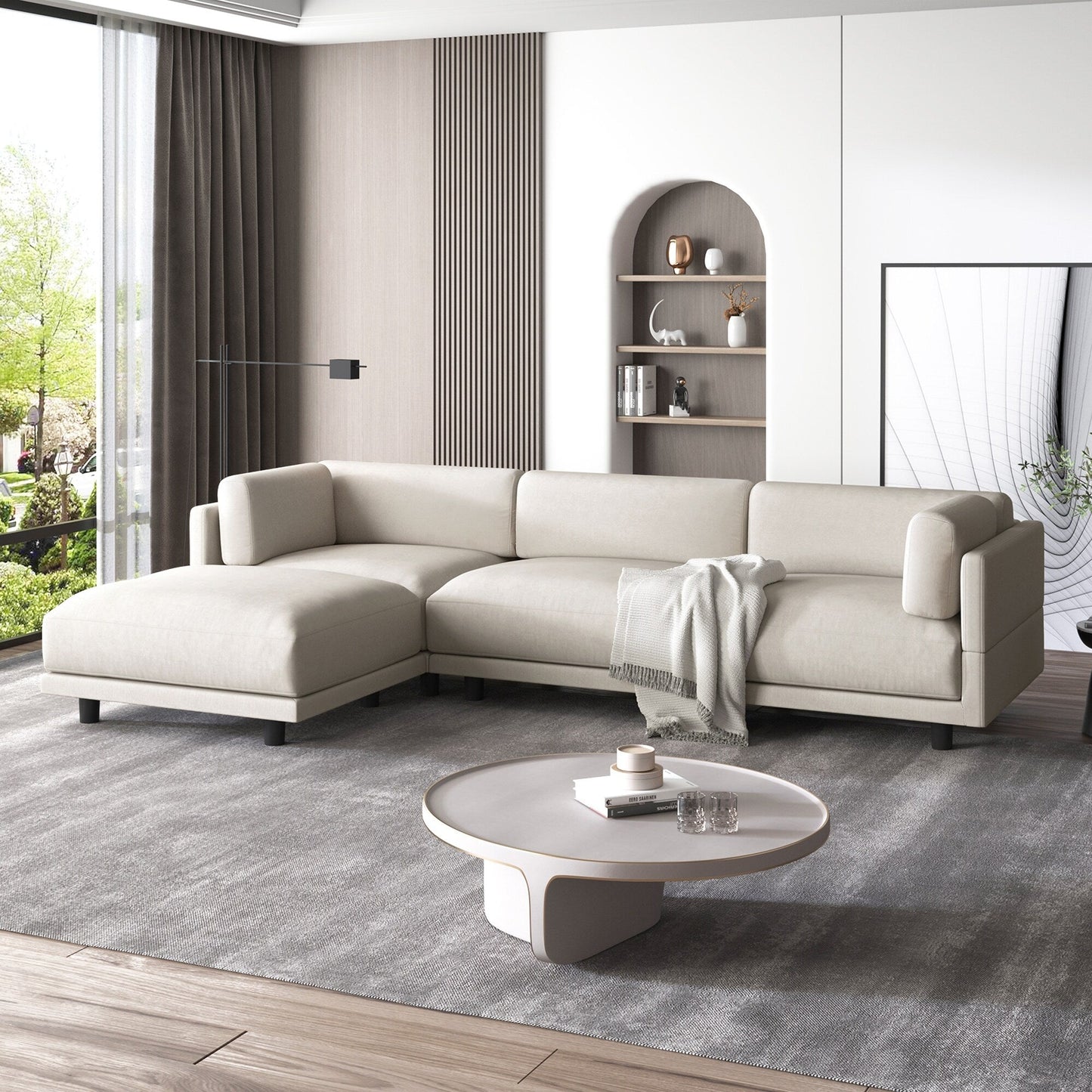 102.4'' L-Shaped Polyester Sectional Sofa with Reversible Footstool, Thick Cushions, and Durable Plastic Legs