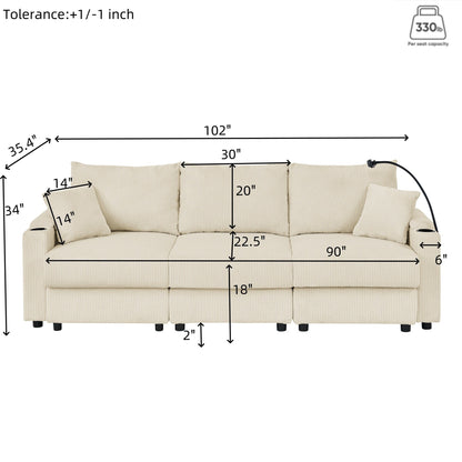 102 Corduroy Modern 3-Seater Sofa Deep Seat with Cup Holders & Phone Holder