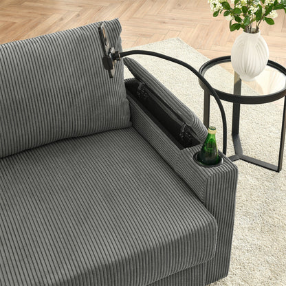 102 Corduroy Modern 3-Seater Sofa Deep Seat with Cup Holders & Phone Holder