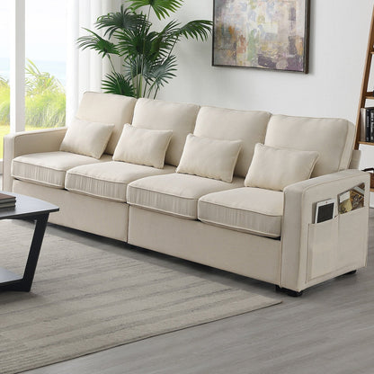 104 4-Seater Modern Linen Fabric Sofa with Armrest Pockets and 4 Pillows