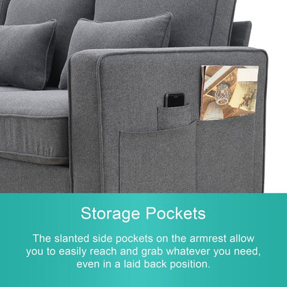 104Upholstered Sofa Couch with Armrest Pockets and 4 Pillows, 4-Seater Modern Linen Fabric Sofa Minimalist Style Couches