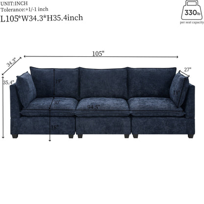 105 Chenille 3-Seater Sofa with 2-Layer Cushions, High-Resiliency Foam