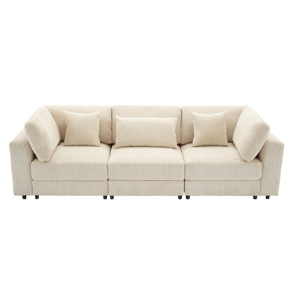 105 Corduroy Upholstered 3-seater Sofa with Removable Back Cushions and 5 Pillows for Living Room