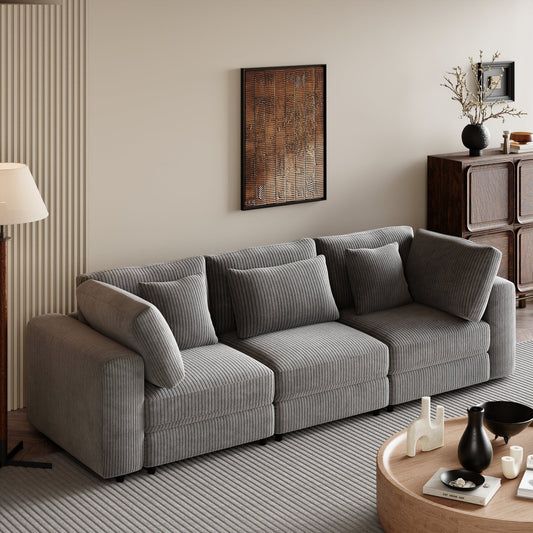 105 Corduroy Upholstered 3-seater Sofa with Removable Back Cushions and 5 Pillows for Living Room
