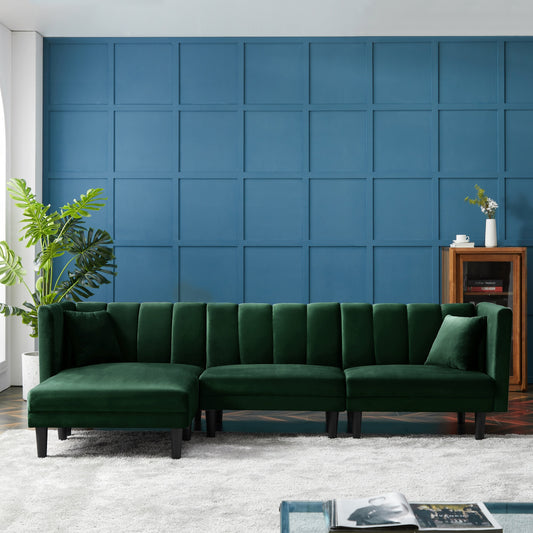 106.7 Wende-3-Sitzer-Sofa aus Samt mit Schlaffunktion, verstellbarer Rückenlehne, Chaiselongue und 2 Kissen