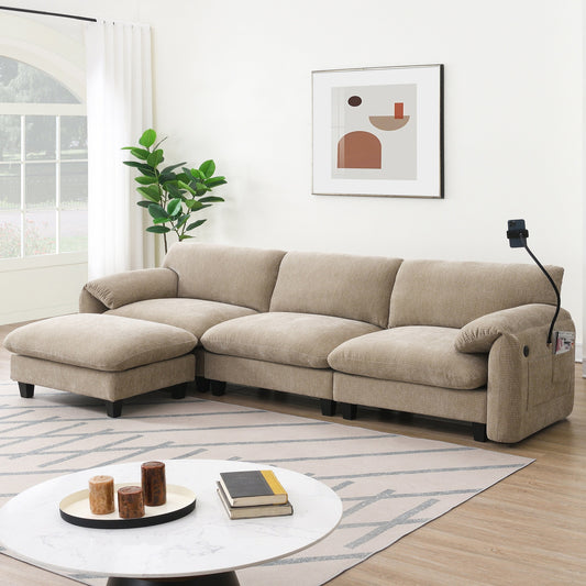 108 Inch Modular Chenille Sectional Sofa with USB and Type-C Ports, Phone Holders, Side Storage Pockets, Movable Ottoman