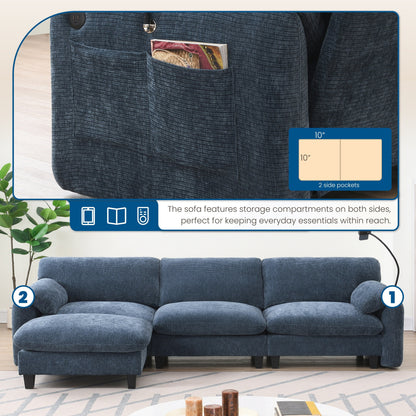 108 Inch Modular Chenille Sectional Sofa with USB and Type-C Ports, Phone Holders, Side Storage Pockets, Movable Ottoman