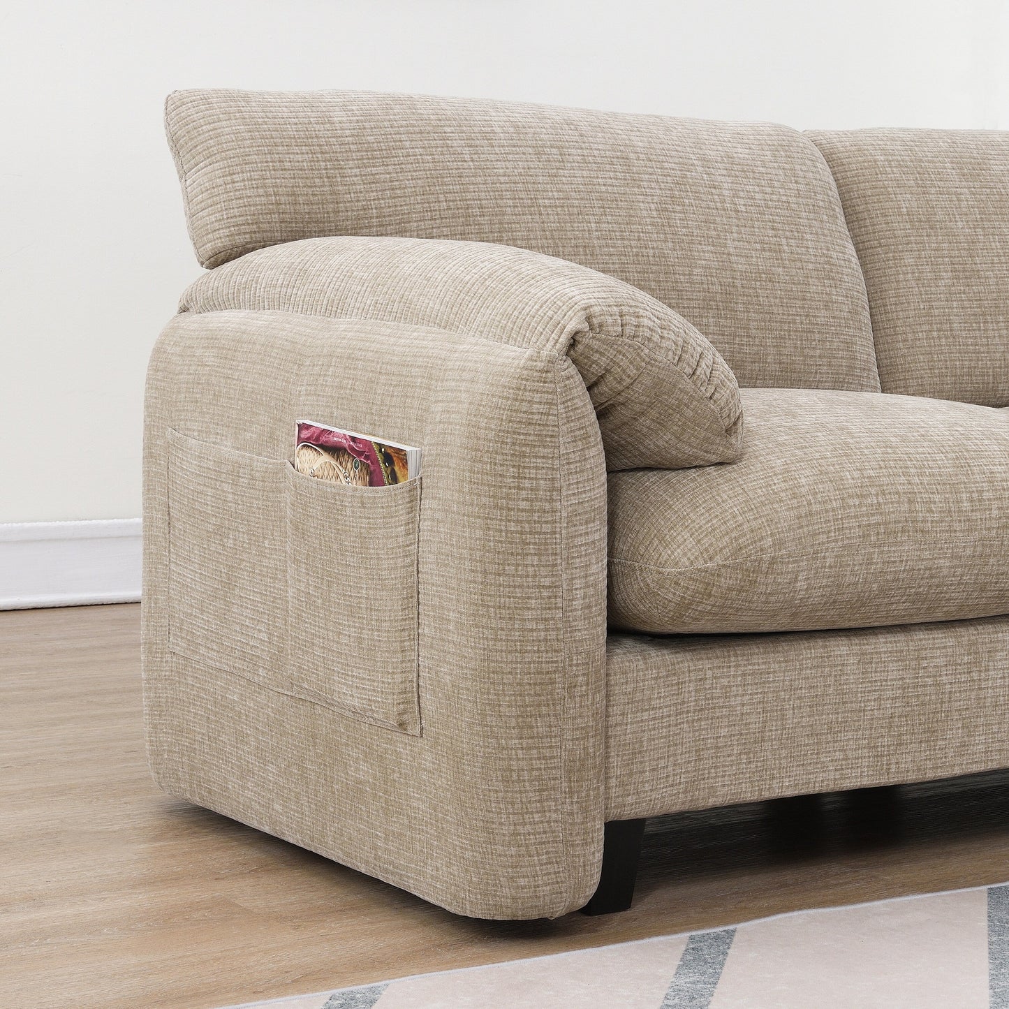 108 Inch Modular Chenille Sectional Sofa with USB and Type-C Ports, Phone Holders, Side Storage Pockets, Movable Ottoman