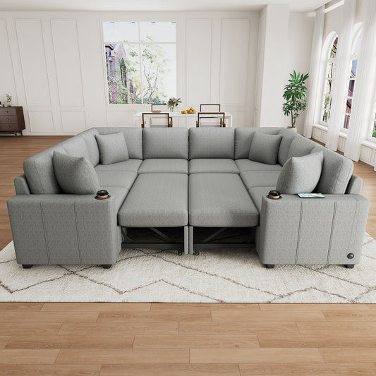 108 Inch Modular UâShaped Sectional Sofa with Pull Out Sleeper, USB Ports and Dual Cup Holders for Living Room