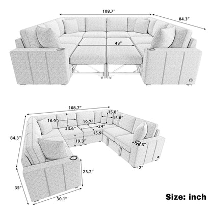 108 Inch Modular UâShaped Sectional Sofa with Pull Out Sleeper, USB Ports and Dual Cup Holders for Living Room