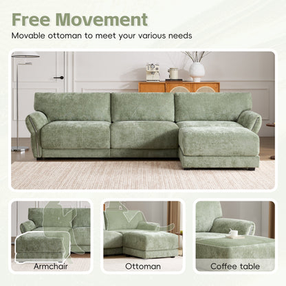 110 Inch L-Shaped Chenille Sectional Sofa with USB and Type-C Charging, Petal Armrests, Movable Ottoman for Living Room