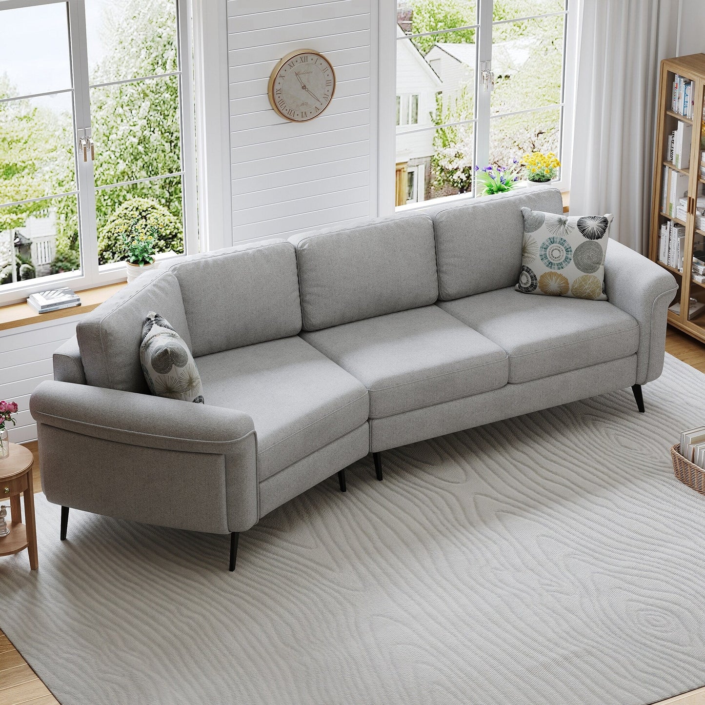 111 3 Seater Sofa Couch, Chenille Curved Sofa Couch with 2 Printed Pillows Modern Upholstered Sofa for Living Room
