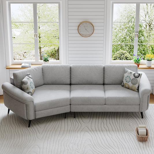 111 3 Seater Sofa Couch, Chenille Curved Sofa Couch with 2 Printed Pillows Modern Upholstered Sofa for Living Room